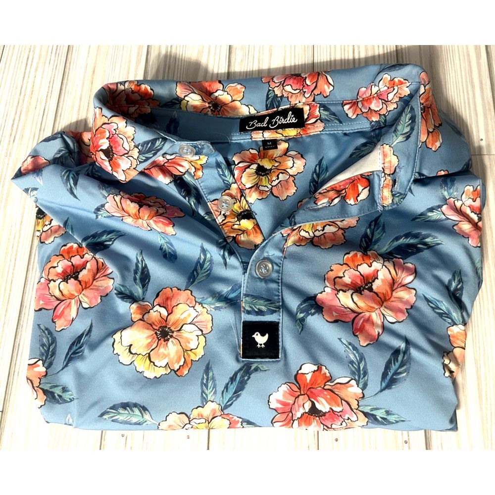 Bad Birdie Polo Shirt Mens Blue Floral Print Performance Golf ShortSleeve MEDIUM